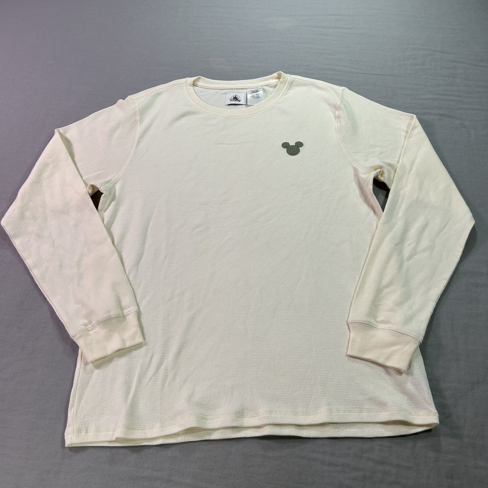 Disney Shirt Adult Large Beige Thermal Waffle Knit Micky‎ Mouse Embroidered Crew